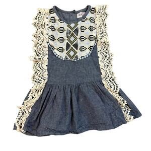 Jak & Peppar Wee One Chambray Crochet Lace Aztec Drop Waist Dress Girls 2T
